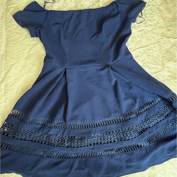Francesca's Blue Alaina Off Shoulder A Line Crochet Detail Mini Dress - Large - Picture 3 of 5